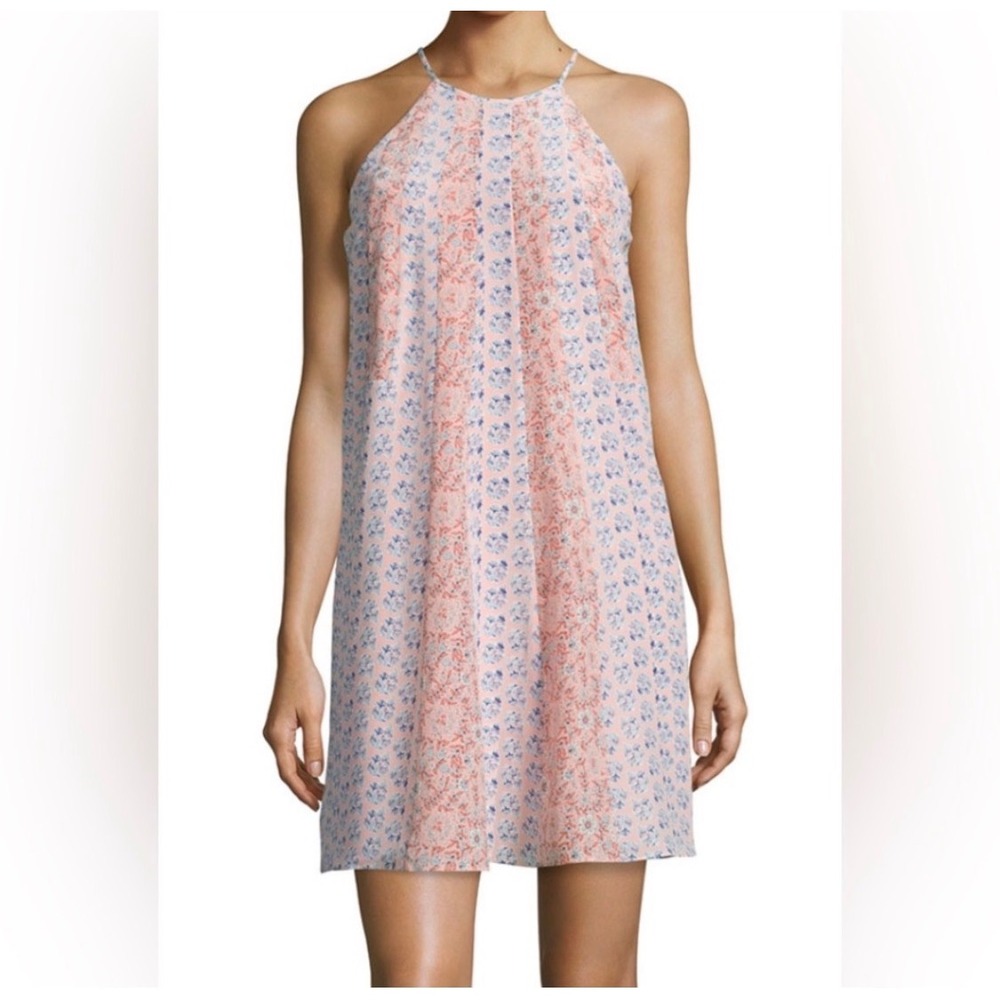 Rebecca Taylor Silk Floral Halter Mini Dress Womens 2 Pink Blue Boho Pleated‎
